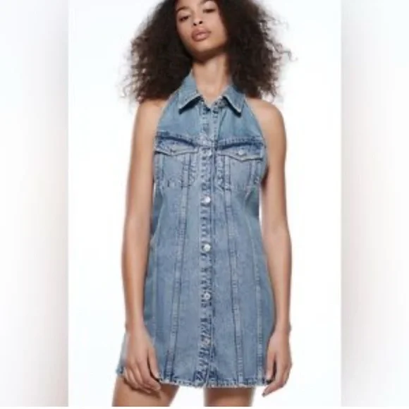 Zara Denim Button Front Halter Dress Size XL - Picture 2 of 10